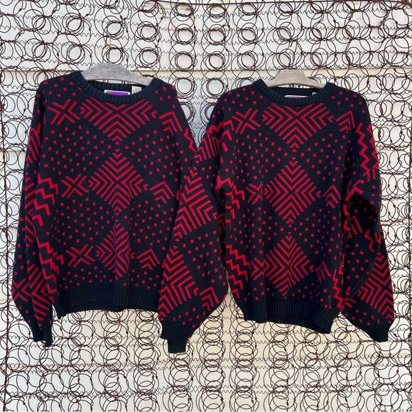 MATCHING PAIR 80s Sweater Graphix Red Black Abstract Geometric Sweaters LARGE - Picture 1 of 6